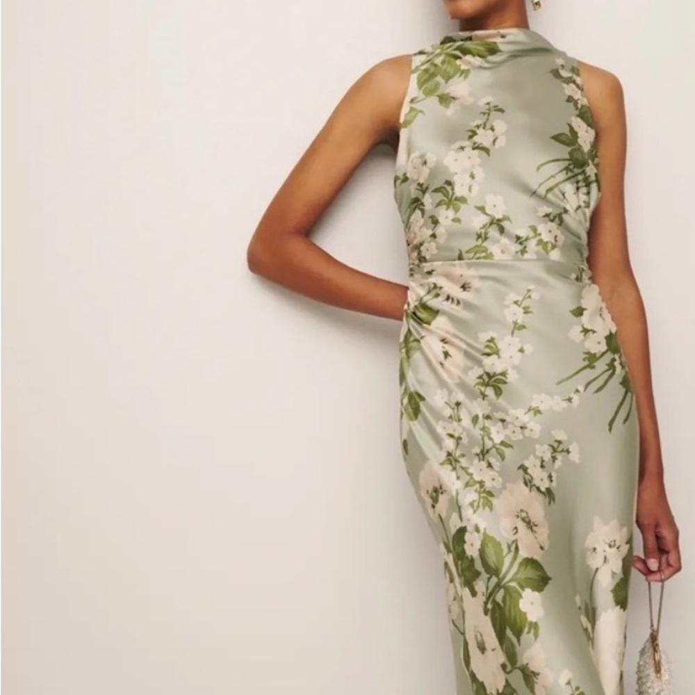 Reformation Anaiis Silk Dress in Taragon Green - Picture 3 of 8